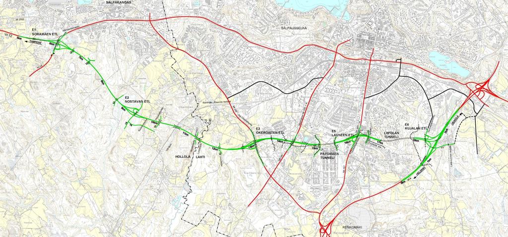 Tiesuunnitelmaratkaisun periaatteet Soramäki - Okeroinen Poikkileikkaus 2- kaistainen Patiokallion tunneli korvataan ympäristön kannalta paremmalla maisemasillalla Nikulan eritasoliittymä