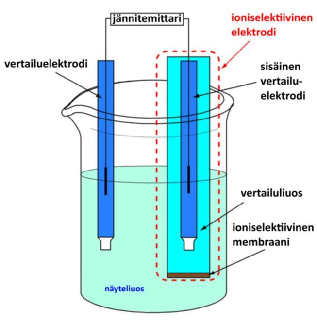 POTENTIOMETRINEN MITTAUS Sähkökemiallinen kenno: vertailuelektrodi suolasilta tutkittava liuos indikaattorielektrodi Vertailuelektrodi: potentiaali tunnetaan (vakio), ei riipu tutkittavan liuoksen