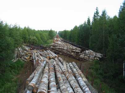 Kuva 1. Yhdeksän puutavaralastissa olleen tavaravaunun suistuminen Rantasalmella 31.7.2003. Kuva junan menosuuntaan päin. Figure 1.