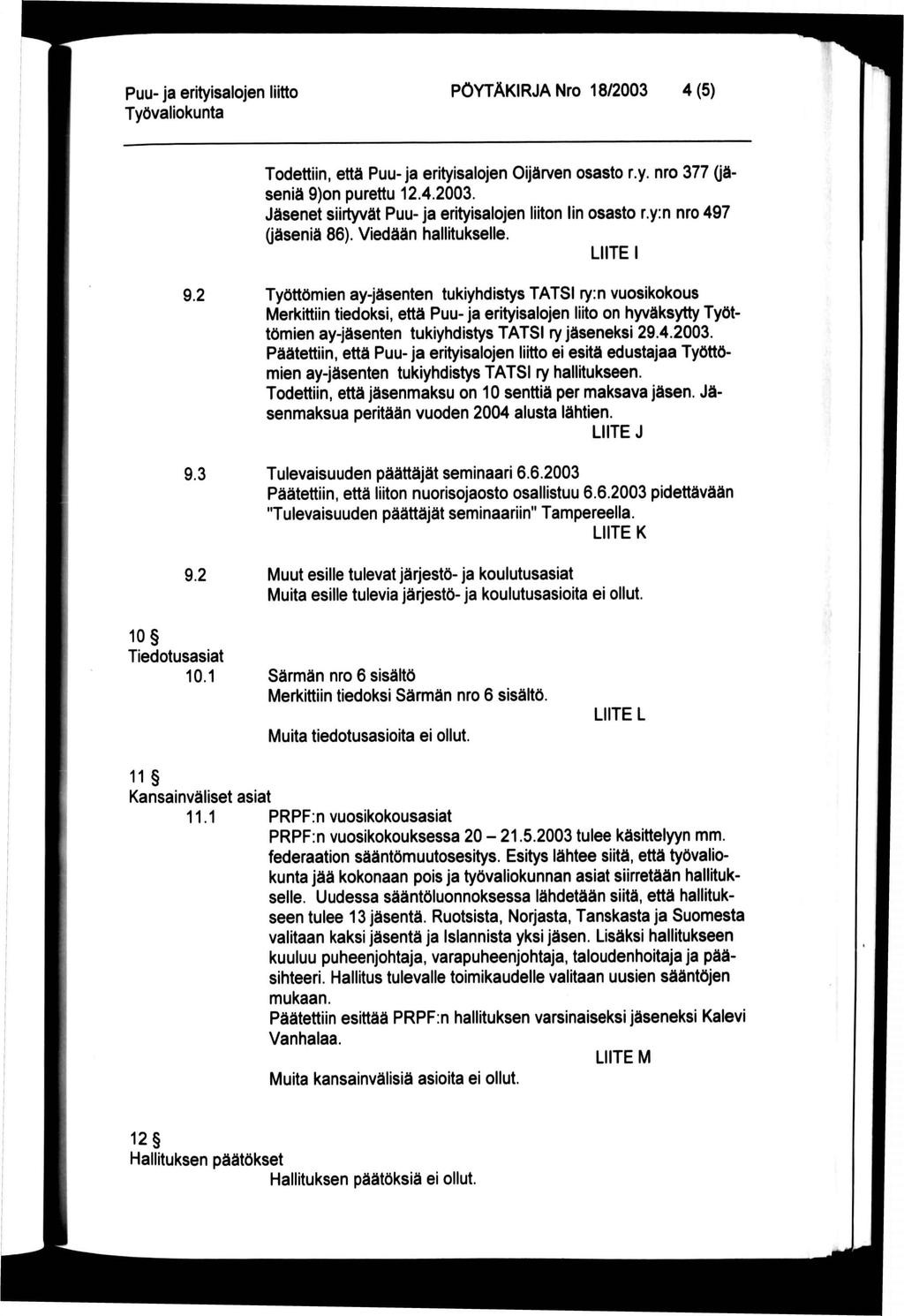 PÖYTÄKIRJA Nro 18/2003 4(5) Todettiin, että Puu- ja erityisalojen Oijärven osasto r.y. nro 377 (jäseniä 9)on purettu 12.4.2003. Jäsenet siirtyvät Puu- ja erityisalojen liiton Iin osasto r.