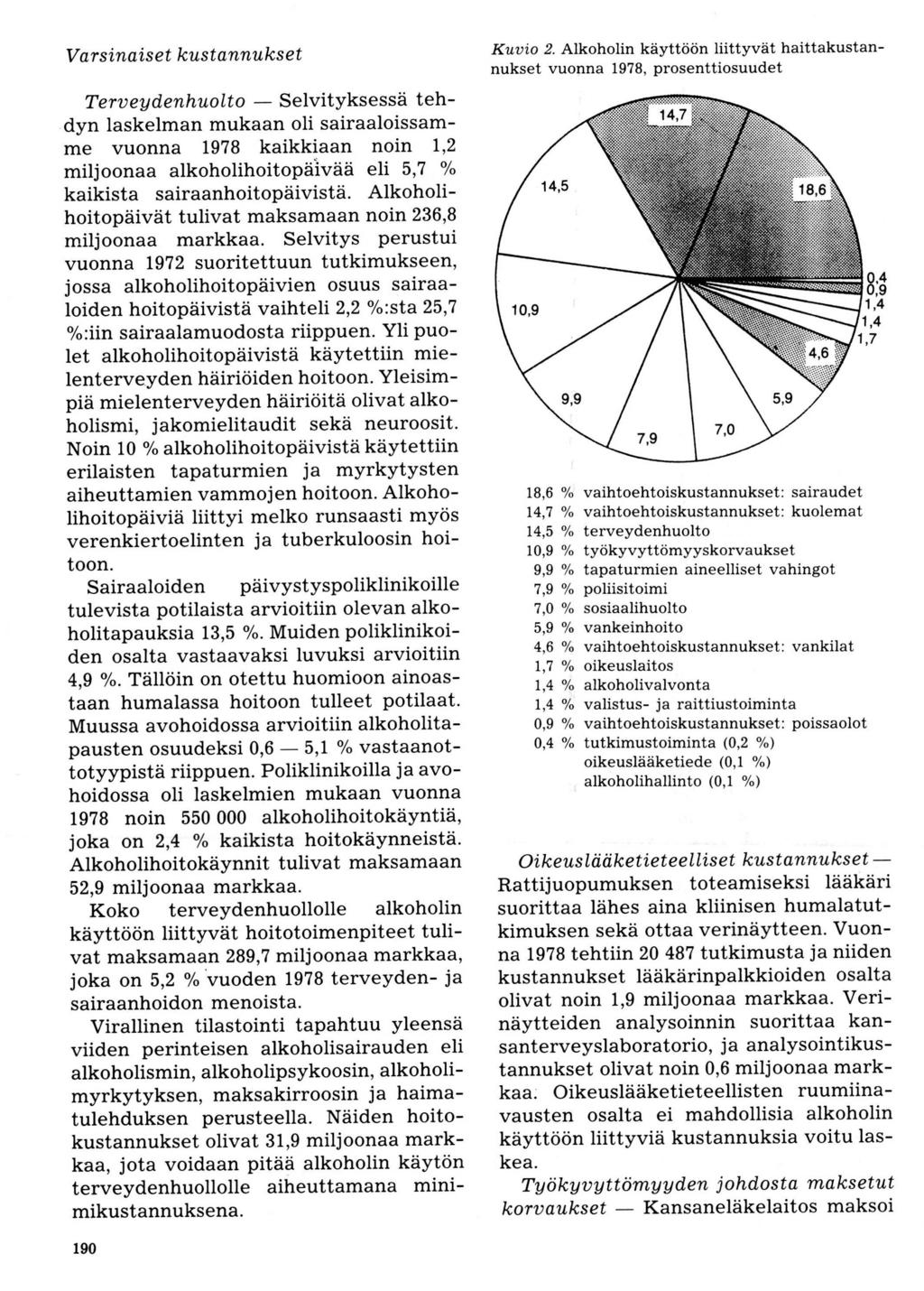 Varsinais et kustannuks et Terueydenhuolto Selvityksessä tehdyn laskelman mukaan oli sairaaloissamme vuonna 1978 kaikkiaan noin 1,2 miljoonaa alkoholihoitopäivää eli 5,7 "/o kaikista