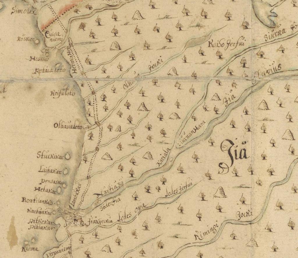 13 Kartta 5. Vuoden 1650 kartassa (Claesson) hankealue oli vielä asumatonta erämaata. 6.