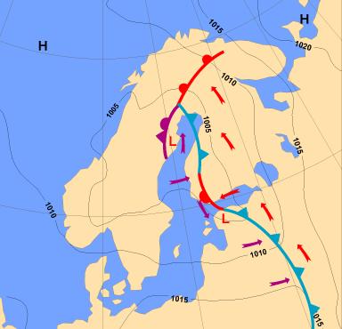 Kuva 1. Kuvassa on hahmotelma Unton päivän,.7.2 klo säärintamista ja matalapaineen sijainnista vaiheessa, jossa kehitystä voidaan vielä analysoida perinteisin menetelmin.