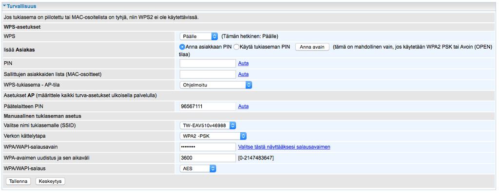 Turvallisuus Salaukseksi valitaan joko WPA2- WPA- tai WEP-salaus sen mukaan, mitä käyttäjän tietokone tukee. Salauksen pitää olla sama tukiasemassa ja WLAN-korttia käyttävässä tietokoneessa.