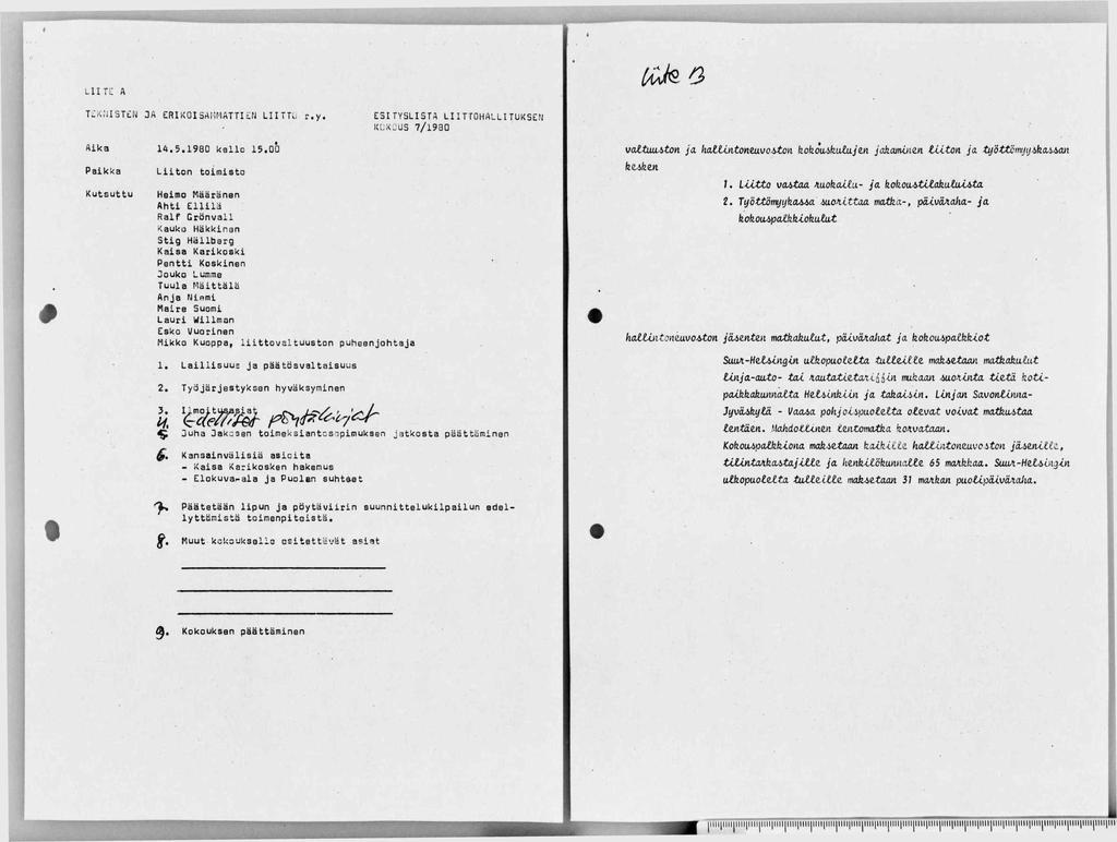 LlITC A ( ^ k a T:r'.;JlSTt:N ja ERIKOISAliMATTIirj LIITTu r.y. ESITYSLISTA LIITTOHALLITUKSEN KLK.US 7/1930 # Aika Paikka Kutsuttu 14,5.1980 kello 15.