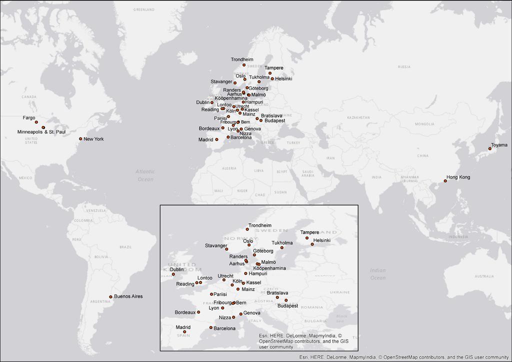 19 Tarkasteltuja kaupunkeja olivat Lontoo, Reading, Tukholma, Göteborg, Malmö, Helsinki, Tampere, Kööpenhamina, Aarhus, Randers, Oslo, Stavanger, Trondheim, Barcelona, Madrid, Köln, Mainz, Kassel,