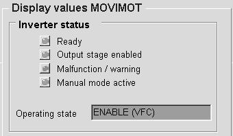 12 Huolto Integroidulla AS-liitynnällä varustetun MOVIMOT -taajuusmuuttajan MOVITOOLS -diagnostiikka Ikkunan kohta "Display values MOVIMOT" Ikkunan kohdasta "Inverter status" ilmenee laitteen