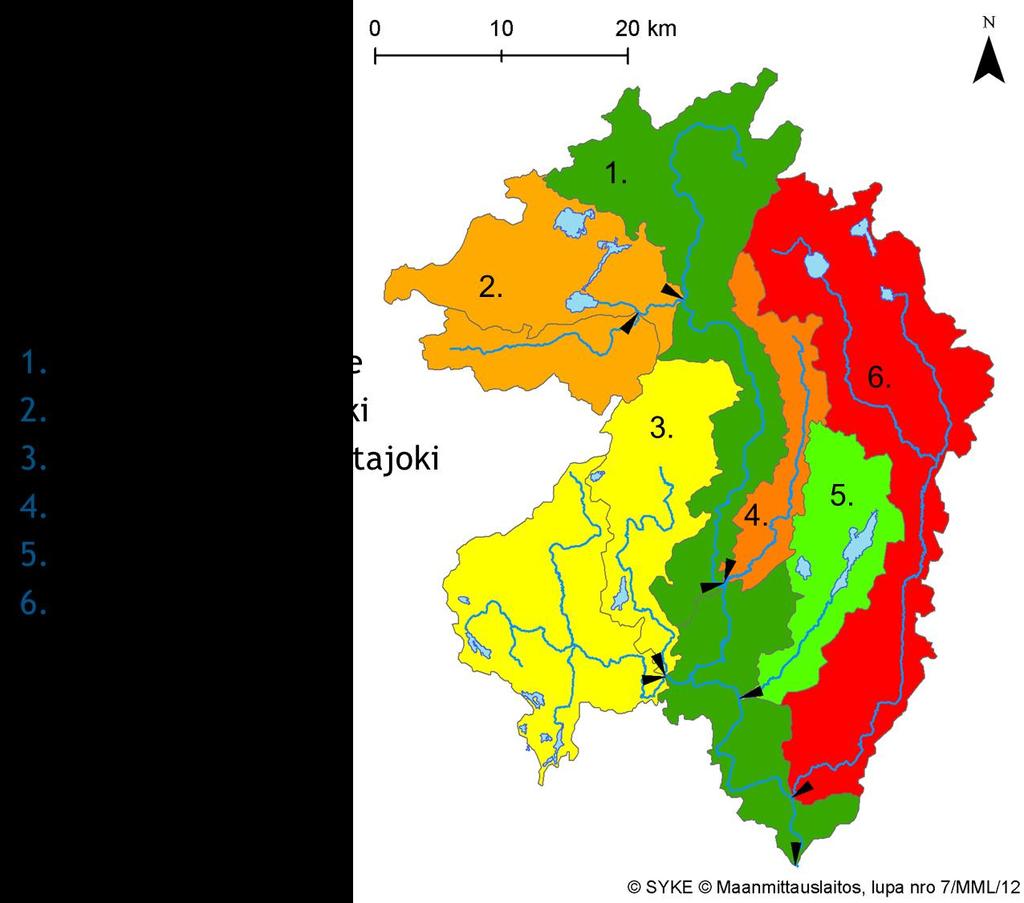 Kuva 1. Vantaanjoen vesistöalue ja KUTOVA-tarkastelun osavaluma-alueet.