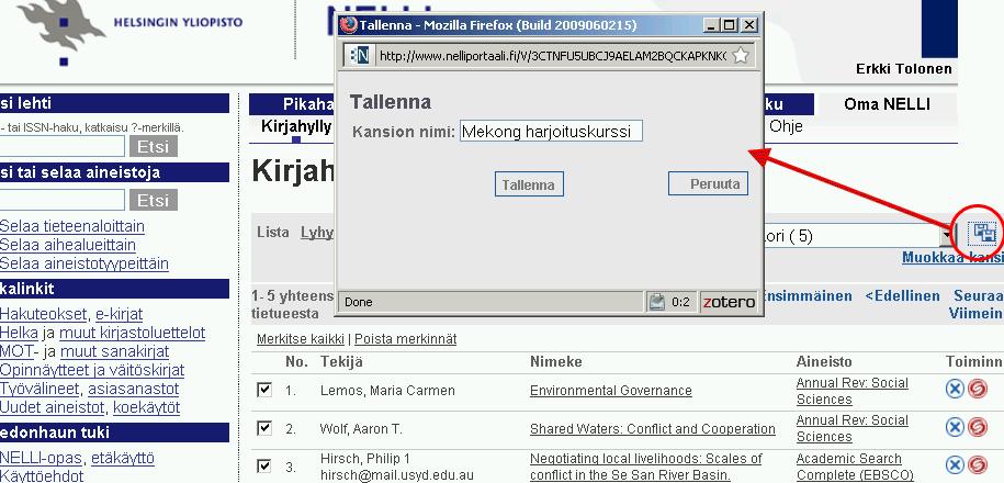 Tallennetut viitetiedot menevät omanellissä oletus kansioon, Koriin. Levyke-ikonia klikkaamalla tämän kansion voi tallentaa ja nimetä esim. kurssin nimi johon aineisto on tarkoitettu.