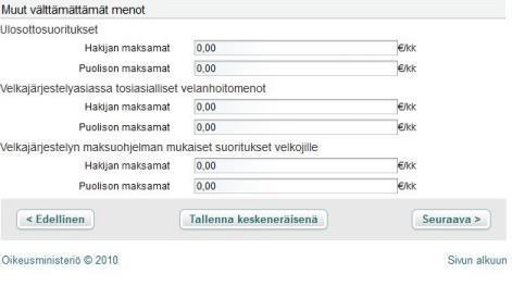 Kuukausittaisten menojen lisääminen Viimeisenä merkitään hakijan ja puolison varat ja niihin kohdistuvat