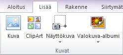 Kuvat esityksessä Kuvan lisäys esitykseen Kuvan voit lisätä, joko Käyttämällä Lisää-välilehden kuvanlisäys toimintoja Dian rakenteessa valmiiksi olevia kuvan lisäys toimintoja Lisää Diaan nro 4 kuva