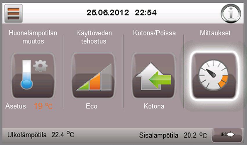 KÄYTTÄJÄN OPAS määrä ja ajankohta, jolloin laitteisto palaa Kotona-tilaan (oletusarvo 24h). Samalla määritetään huone- ja varaajaläpötilojen muutokset.