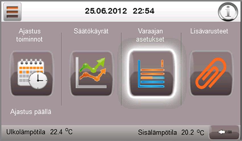 Varaajan asetukset Tästä pikalinkistä pääsee siirtymään Varaajan asetukset-valikkoon, josta kerrotaan lisää Valikkotoiminnot-kappaleessa.