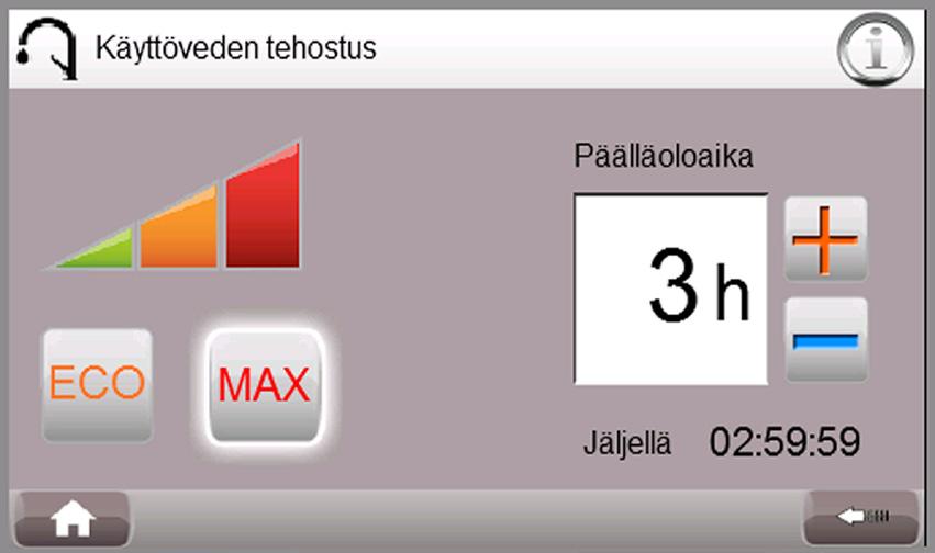 Kompensointiarvolla 7 muutos on seitsemän kertaa nopeampi kuin arvolla 1. Suuri kompensointiarvo saattaa aiheuttaa huonelämpötilan heilahtelua. 3.4.3. Käyttöveden tehostus 3.4.2.