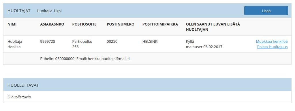 Huoltaja Näkyy nyt henkilön kortilla. Useampi huoltaja Jos haluatte lisätä jäsenelle useamman huoltajan voi sen tehdä toistamalla edelliset toimenpiteen.