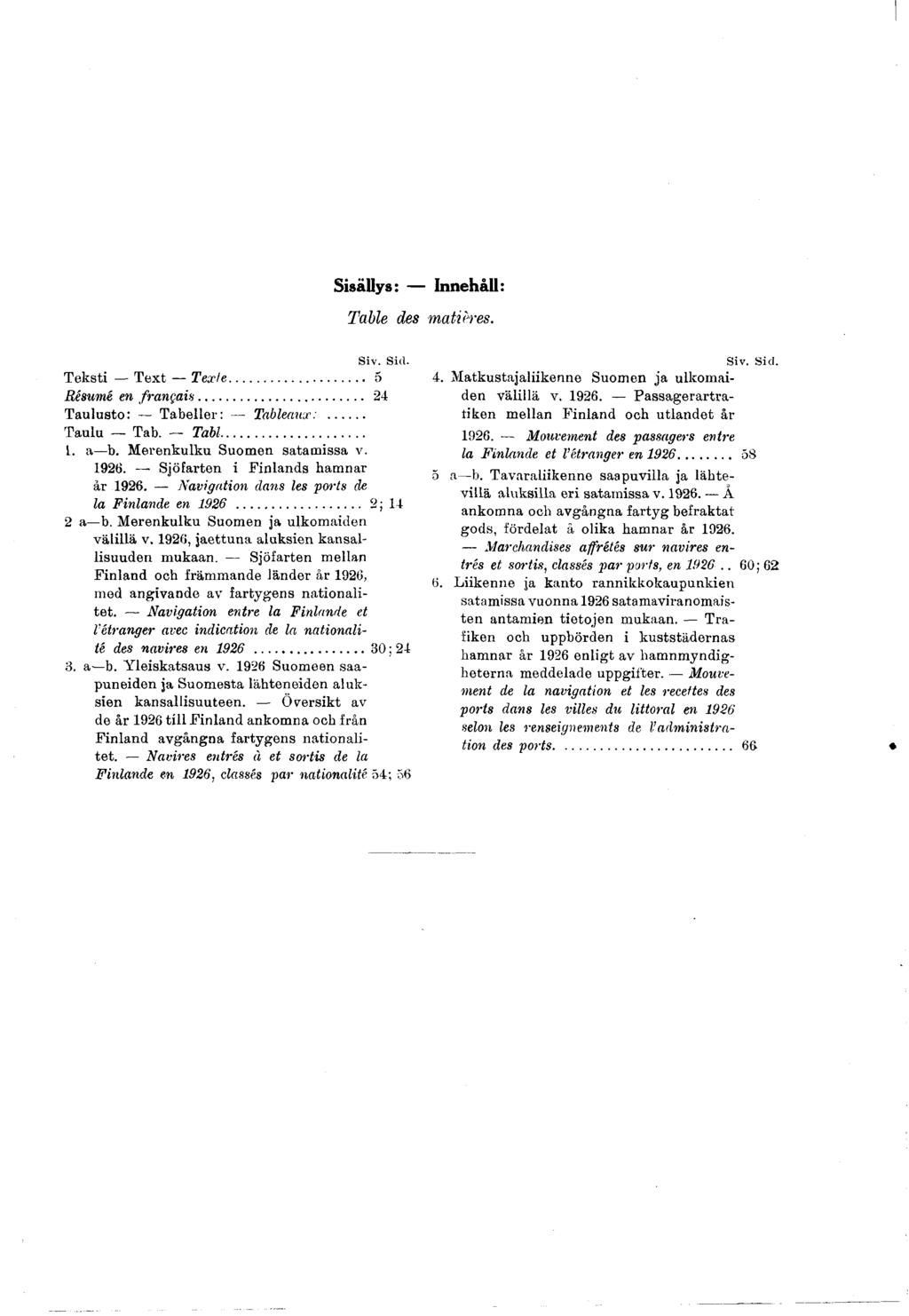 Sisällys: Innehåll: Table des matières. S iv. S id. T e k s ti T e x t T exte... 5 Résumé en fr a n ç a is... 24 T a u lu s to : T a b e lle r: Tableaux:... T a u lu - Tab. Tabl.... ab.