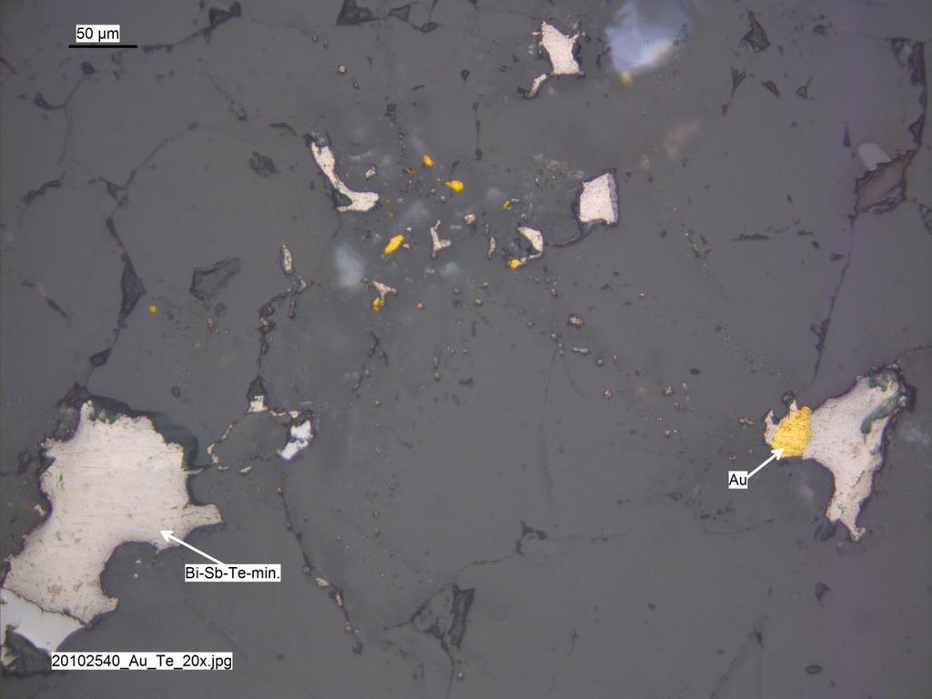 GEOLOGIAN TUTKIMUSKESKUS 8 Kuva 8. Au- ja Bi-Sb-Te-mineraaleja silikaattirakeiden välitiloissa. Kansannäyte 20102540. Fig. 8. Au- and Bi-Te-minerals between silicate grains.