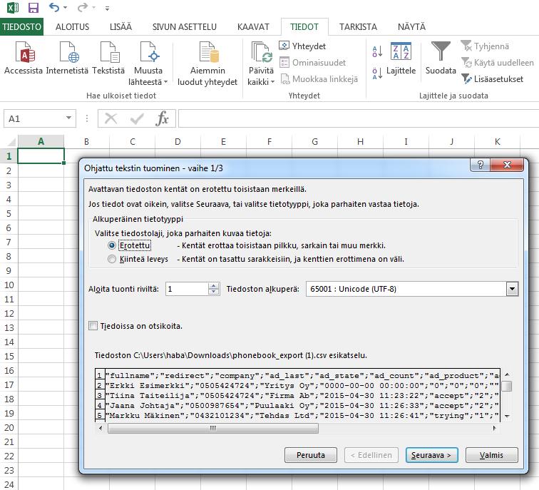Jotta saat tiedot tuotua Exceliin oikein, kannattaa se tehdä toiminnolla Ohjattu tekstin tuominen.
