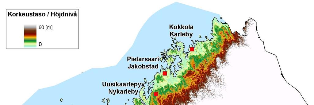 Kuva 2. Korkeussuhteet Keski-Pohjanmaan ja Pohjanmaa rannikkoalueilla. ( SYKE, ELY-keskukset; topografia Maanmittauslaitos lupa nro 7/MML/09) 2.