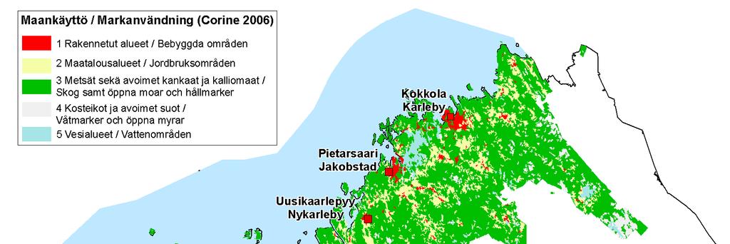 Kuva 3. Corine 2006-aineiston mukainen maankäyttö Keski-Pohjanmaan ja Pohjanmaan rannikkoalueilla.
