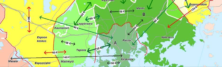 välillä hallituksen esityksen mukaisilla hinnoilla (AB/BC/ABC 50/60/90 /kk). Kuva 21.