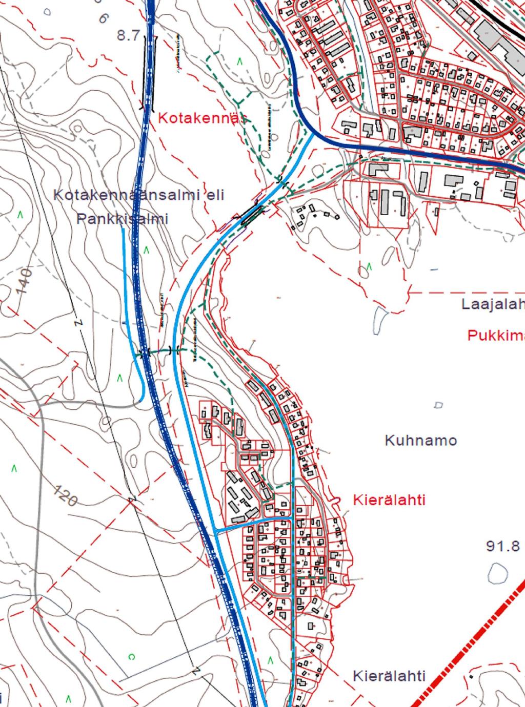 KUVA 2 Osa Finnmap Infran suunnittelemasta uuden VT 4:n linjauksesta Äänekosken kohdalla.