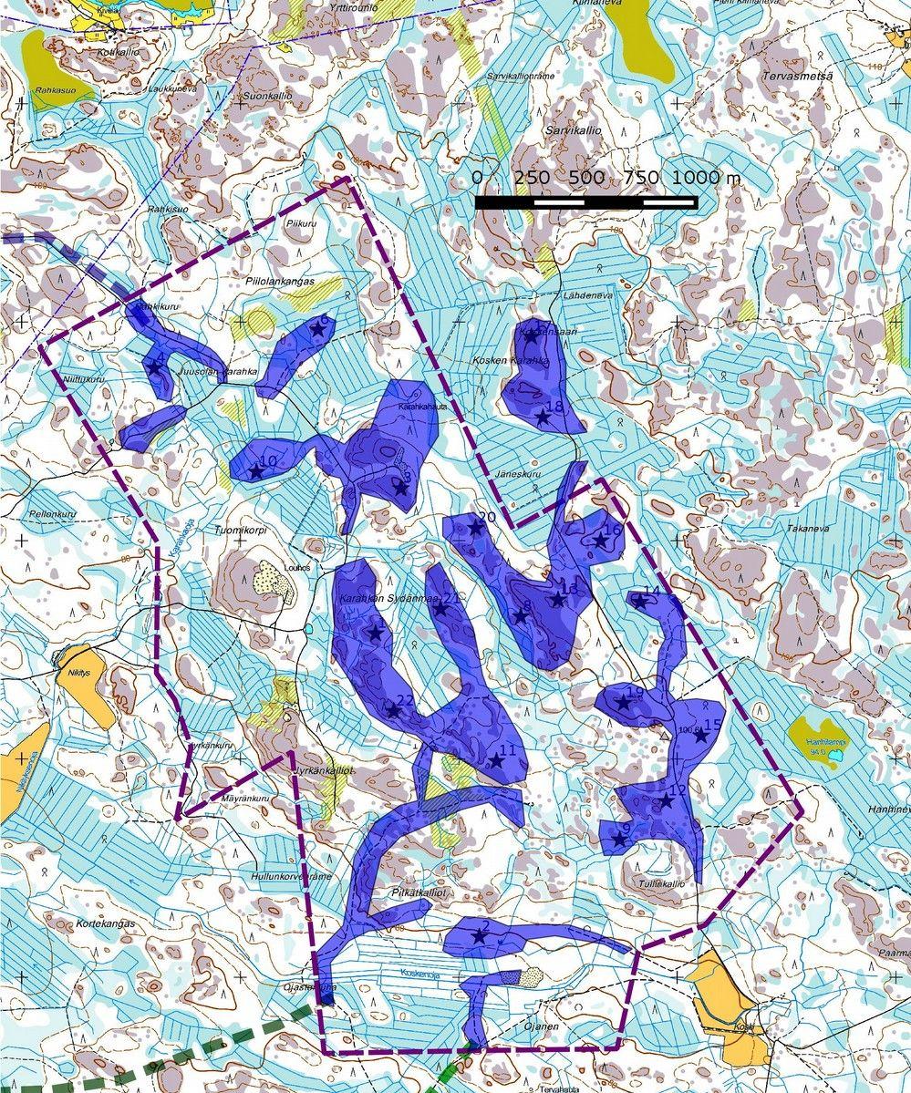 7 Kartta 3. Tuulipuiston inventoidut alueet sinisenä. Muut karttamerkinnät ks. kartta 2a sivulla 5.