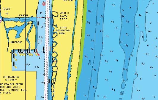 Matalan veden alueita ei ole korostettu Matalan veden korostus: 0 3 m Navionics-kartta-asetukset Sävytetty pohja Tällä toiminnolla erilaiset syvyysalueet voidaan näyttää sinisen eri sävyinä.