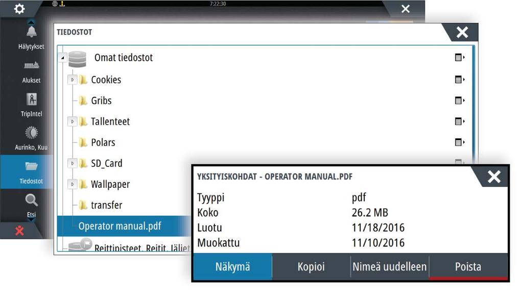 Käyttöohjeen selaaminen näytössä Yksikköön sisältyy PDF-katseluohjelma, jonka avulla käyttöohjeita ja muita PDF-tiedostoja pystyy lukemaan laitteen näytössä. Käyttöohjeet voi ladata osoitteesta www.