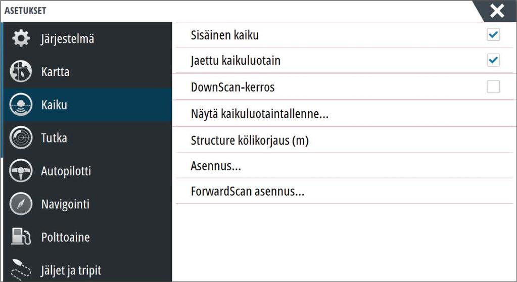 Jälkien asetukset Sisäinen kaikuluotain Valitsemalla voit lisätä sisäisen kaikuluotaimen valittavan olevien kaikuluotainten valikkoon. Lisätietoa paneelin lähteen valinnasta on käyttöohjeessa.