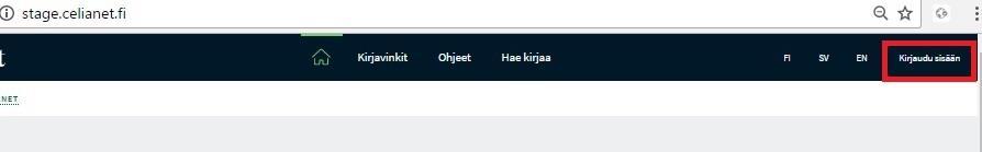 2. Avaa sivu ja kirjaudu sisään Avaa sivu stage.celianet.fi Kirjaudu oikeasta yläreunasta sisään jommallakummalla näistä pääkäyttäjän tunnuksista: käyttäjätunnus: rekisteroija.testi1@kirjasto.
