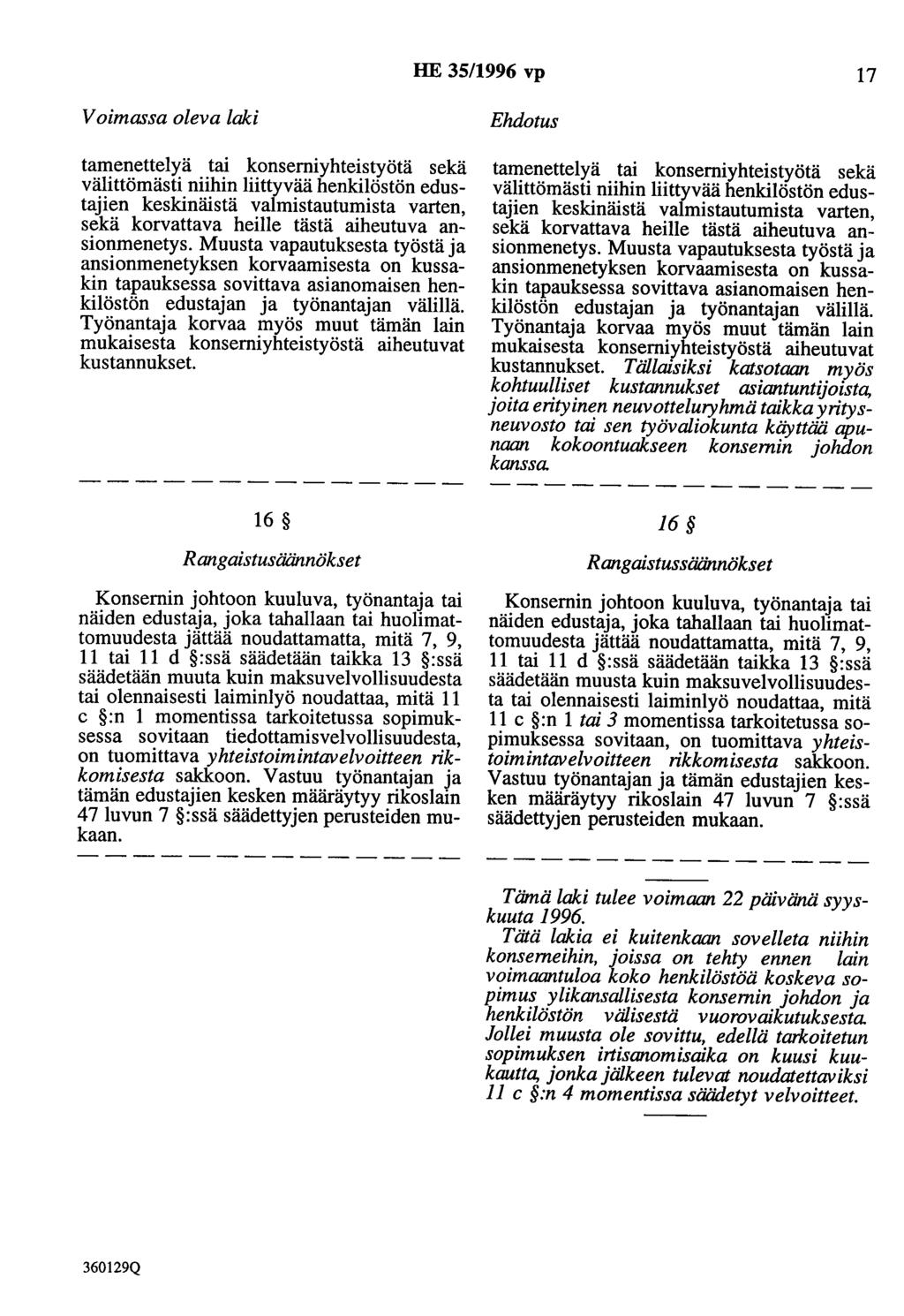 HE 35/1996 vp 17 V oimrusa oleva laki tamenettelyä tai konserniyhteistyötä sekä välittömästi niihin liittyvää henkilöstön edustajien keskinäistä valmistautumista varten, sekä korvattava heille tästä