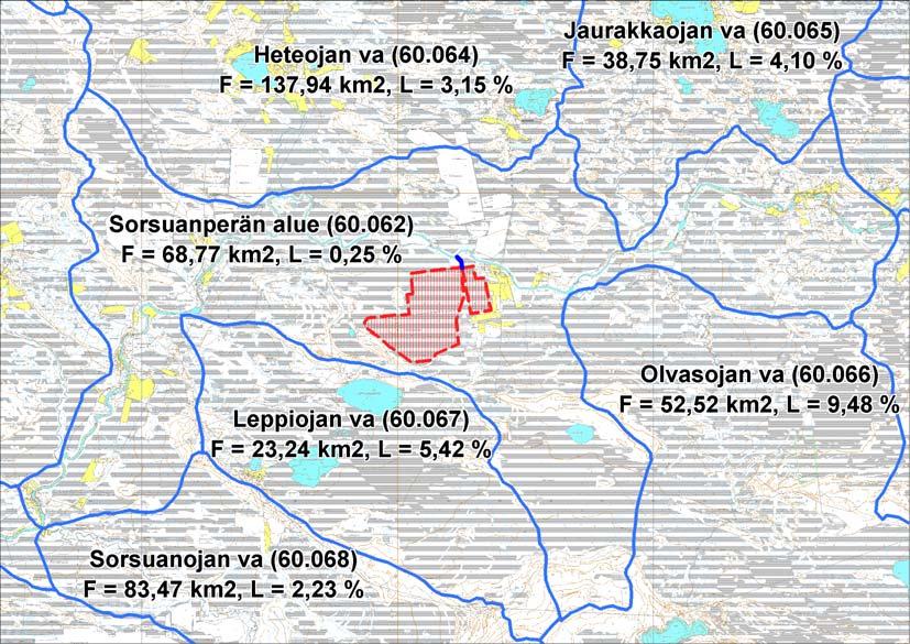 FCG Finnish Consulting Group Oy Ympäristövaikutusten arviointiselostus 24 (76) Kuva 7.1. Sorsuanperän valuma-alue ja hankealueen sijainti (punainen rasteri).