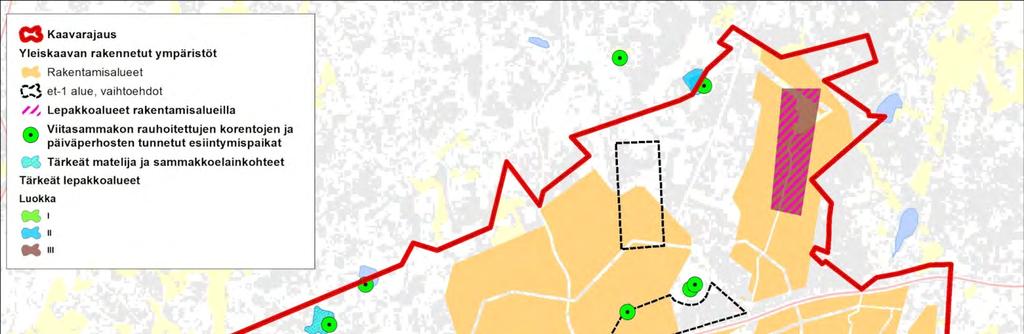 Östersundomin yhteinen yleiskaava 32 (57) 5.11.2014 Luontovaikutusten arviointi Kuva 15. Rakentamisalueille sijoittuvat arvokkaat lepakkoalueet.