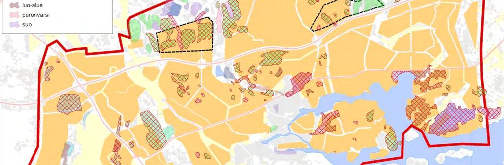 Luontoselvitysten luontotyyppikohteet, jotka sijoittuvat rakentamisalueille kokonaan tai osittain. Granön osalta analyysiä ei ole tehty.