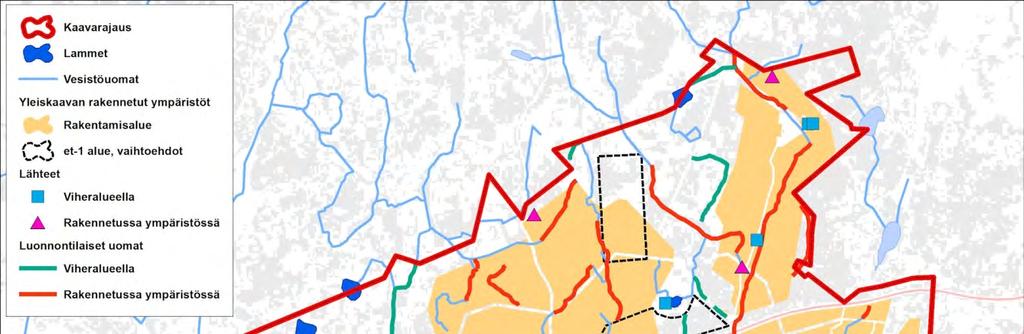 Luontovaikutusten arviointi 5.11.2014 39 (57) Kuva 20. Kaava-alueen pienvesistöt sekä rakentamisalueille sijoittuvat luonnontilaiset uomien osat. 9.
