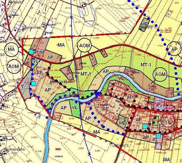6 Osayleiskaavassa suunnittelualue on pientalovaltaista asuntoaluetta (AP), lähivirkistysaluetta (VL), maatalousvaltaista aluetta (MT-1) ja vesialuetta (jokialueen sininen väri, vesialueen osoittava