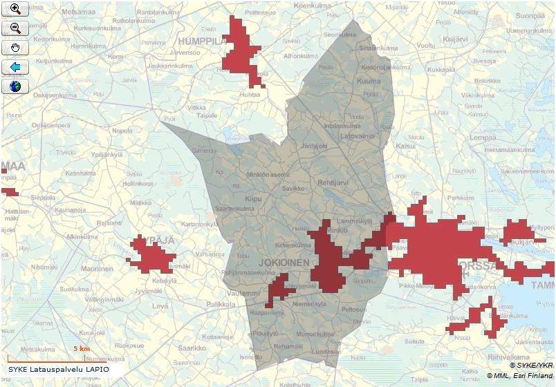 8/10 Kuva 3. Taajama-alueet Jokioisilla (Syke, Metatietopalvelu 2016) 4. Päivitetty toiminta-alue 4.1. Vesijohto Vesijohtoverkoston toiminta-alue päivitetään vastaamaan nykyisten verkostojen sijaintia.