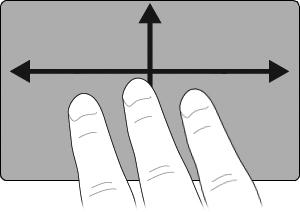 Voit käyttää kolmen sormen pyyhkäisyelettä navigointiin seuraavasti: 1. Aseta kolme sormea kosketusalustalle siten, että ne ovat hieman toisistaan erillään. 2.