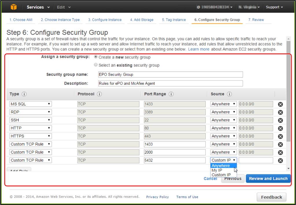 McAfee epo -ohjelmiston asentaminen AWS-palvelimeen AWS-palvelimen luominen C 11 Määritä AWS-palvelimen tunnistamiseen käytettävä tunniste ja arvo ja valitse sitten Next: Configure Security Group,