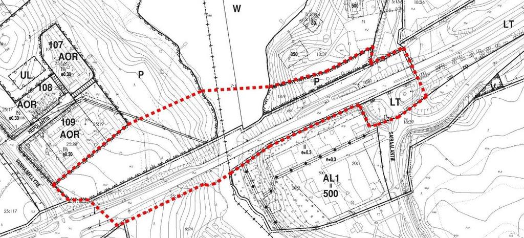 Asemakaavassa valtatie 15 ja Vanhan Myllytien rajaama alue on merkitty puistoalueeksi (P), jonka läpi kulkee putki- tai tunneliviemäri.