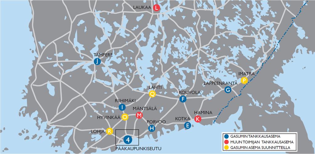 Perustankkausasemaverkosto rakenteilla Suomessa Alkuvaiheessa tankkausasemaverkosto toteutetaan maakaasu-suomen kaupunkikeskittymiin perusverkosto on jo valmistumassa!