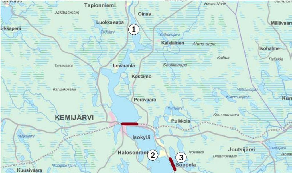 Kuva 4.3-11. Kemijärven maksuvelvoitetarkkailun osa-alueet rajoineen (muokattu kuvasta Paksuniemi 2016).