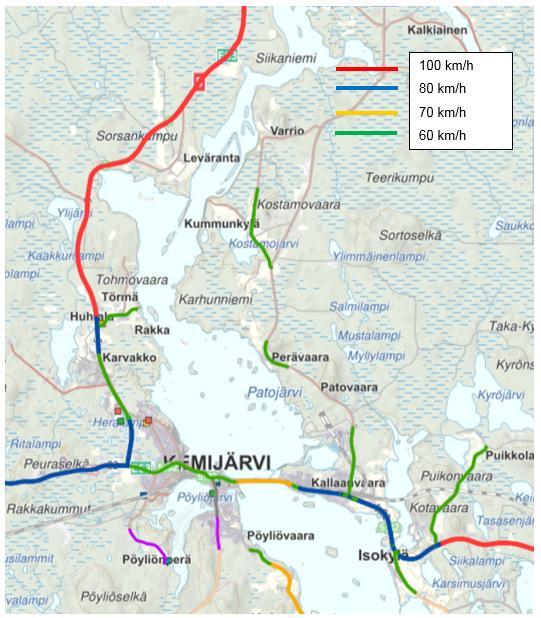 Kuva 4.6-4. Nopeusrajoitukset alueelle (Paikkatietoikkuna 2016) Liikenneviraston teettämän liikennemääräkartan (Kuva 4.