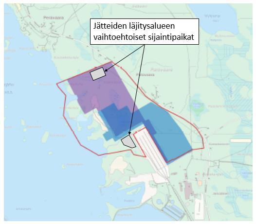 Aluesuunnittelussa on alustavasti varattu kaksi vaihtoehtoista aluetta jätteiden läjitykseen (Kuva 4.8-1).