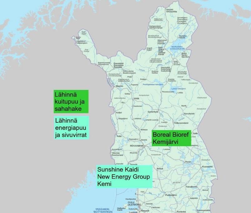 Kuva 4.9-6. Metsäteollisuuden hankkeita Suomessa, raaka-aineina kuitupuu ja sahahake sekä energiapuu ja sivuvirrat.