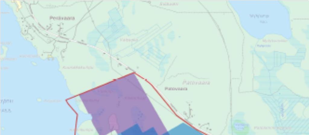 Kuva 2.1-2. Laitoksen toimintojen (lukuunottamatta junaraiteita) sijoittumisen vaihtoehdot (sininen alue ja violetti alue) hankkeelle varatulle alueelle (rajattu punaisella viivalla).