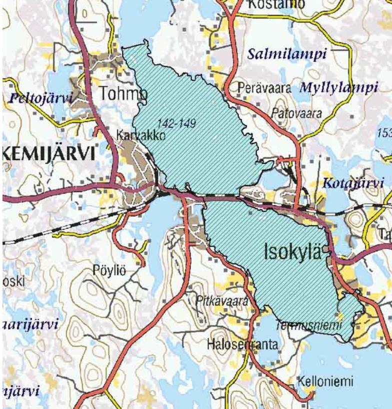 Kuva 4.12-3. FINIBA Kemijärven pohjoisosa. Entisen sellutehtaan jätevesiallas on maakunnallisesti arvokas lintualue, eli MAALI-alue (Kuva 4.12-4).