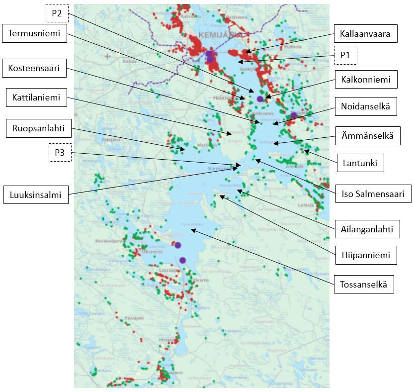 Kuva 2.6-3. Asutusta (punaiset pallot) ja loma-asutusta (vihreät pallot) Kemijärven ja Kemijoen rannoilla.