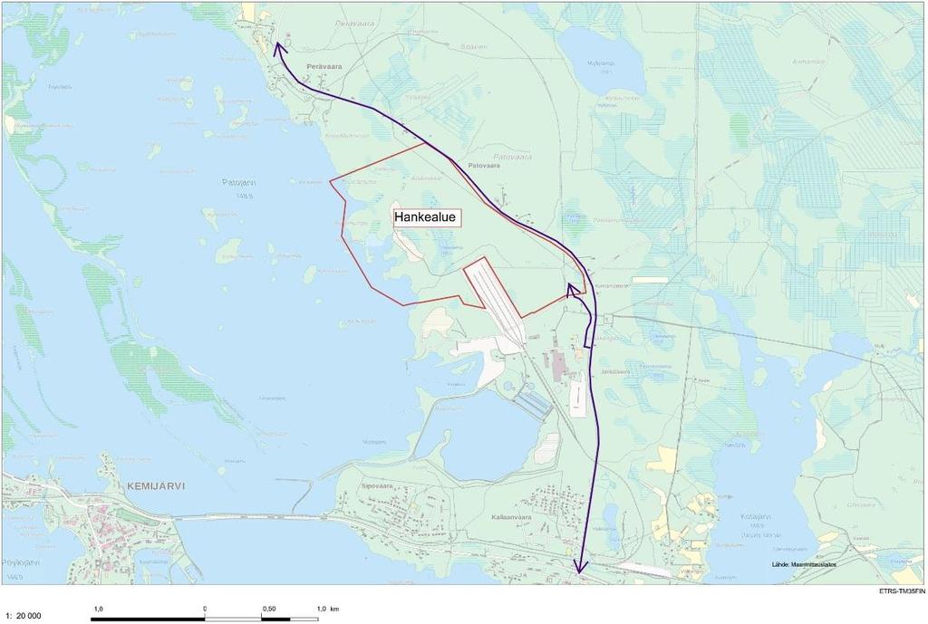 Kuva 2.10-1. Liikennereitit tehdasalueelle. Henkilöliikenne Henkilöautoliikennettä tehtaan toimintatilanteessa on noin 115 autoa vuorokaudessa ja pakettiautoliikennettä noin 30 autoa vuorokaudessa.